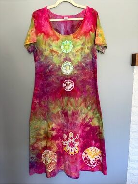 Hand Ice Dyed 100% Cotton Maxi Dress Sz L Pink Green Yellow USA Made Art To Wear